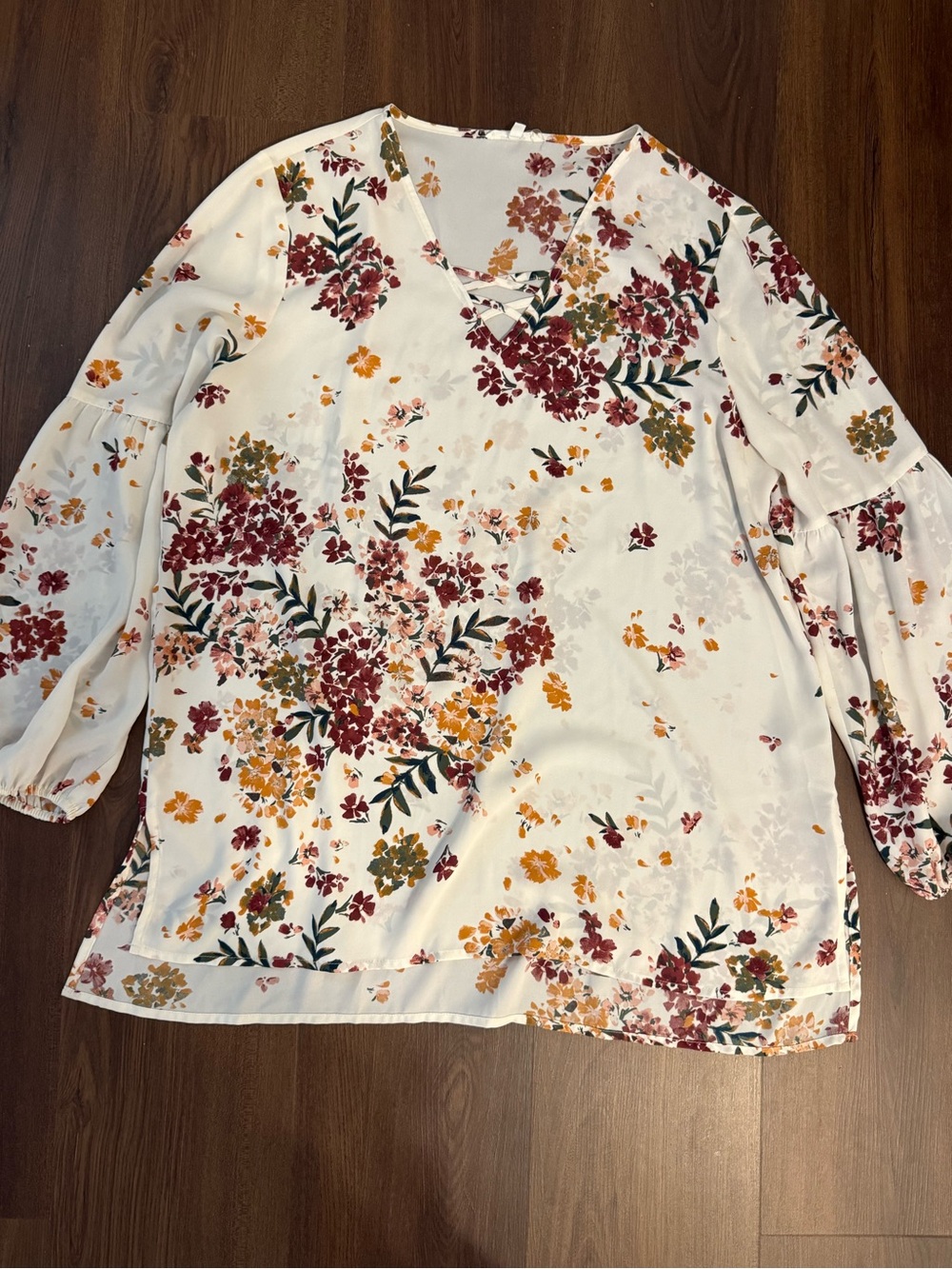 Maurices White Floral V-Neck Tunic with Burgundy & Mustard Blooms